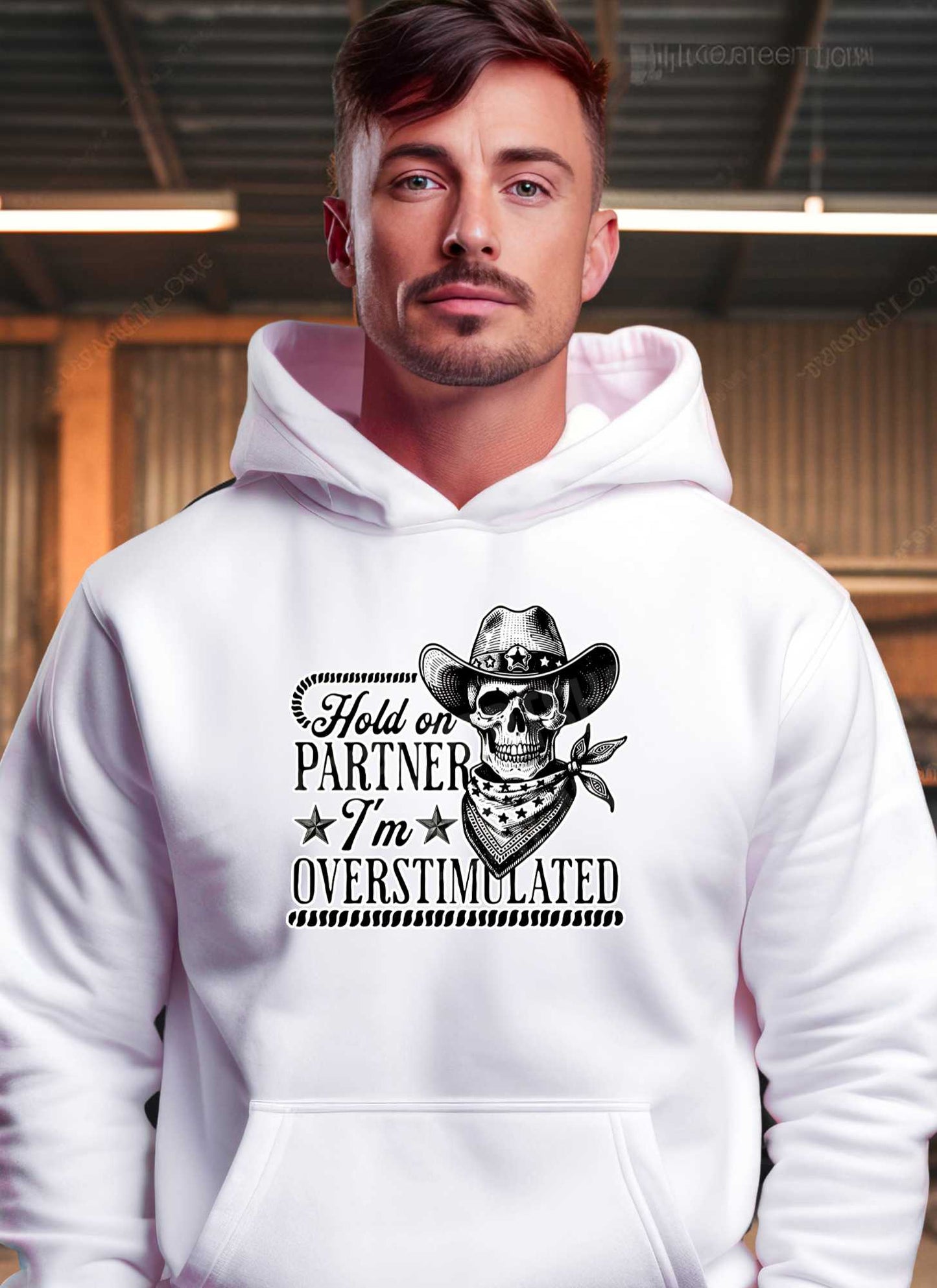 Funny men’s T-shirt with Hold On Partner I’m Overstimulated slogan
