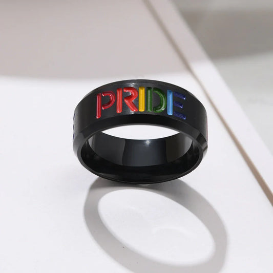 Pride Letters Stainless Steel Ring – Durable Black Plated.