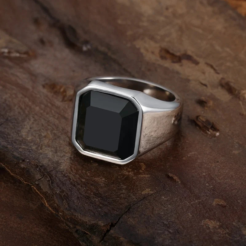 Fashion Square Stainless Steel Inlay Artificial Gemstones Men's Rings