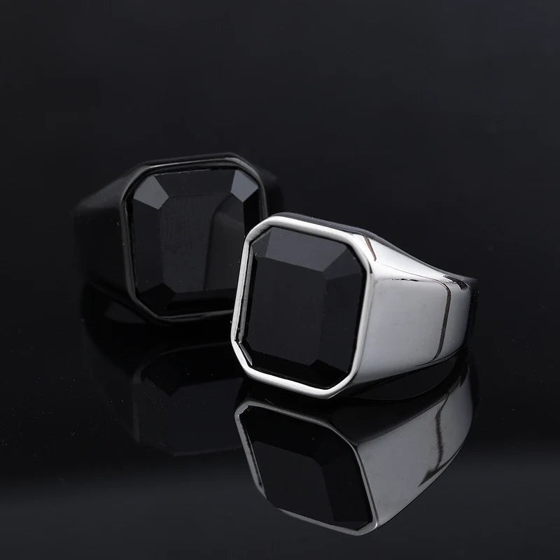Fashion Square Stainless Steel Inlay Artificial Gemstones Men's Rings