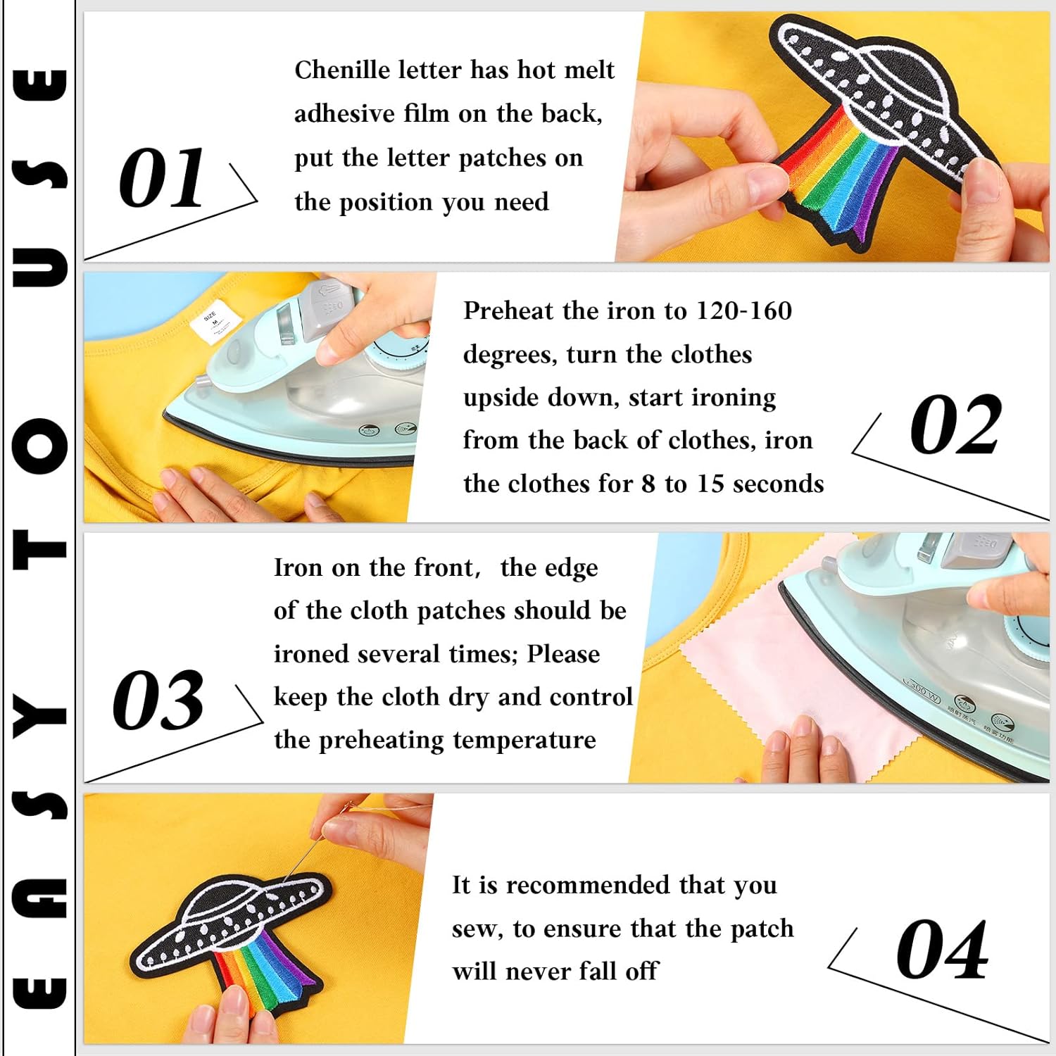 Instructions for using iron-on patches with an iron on a yellow background