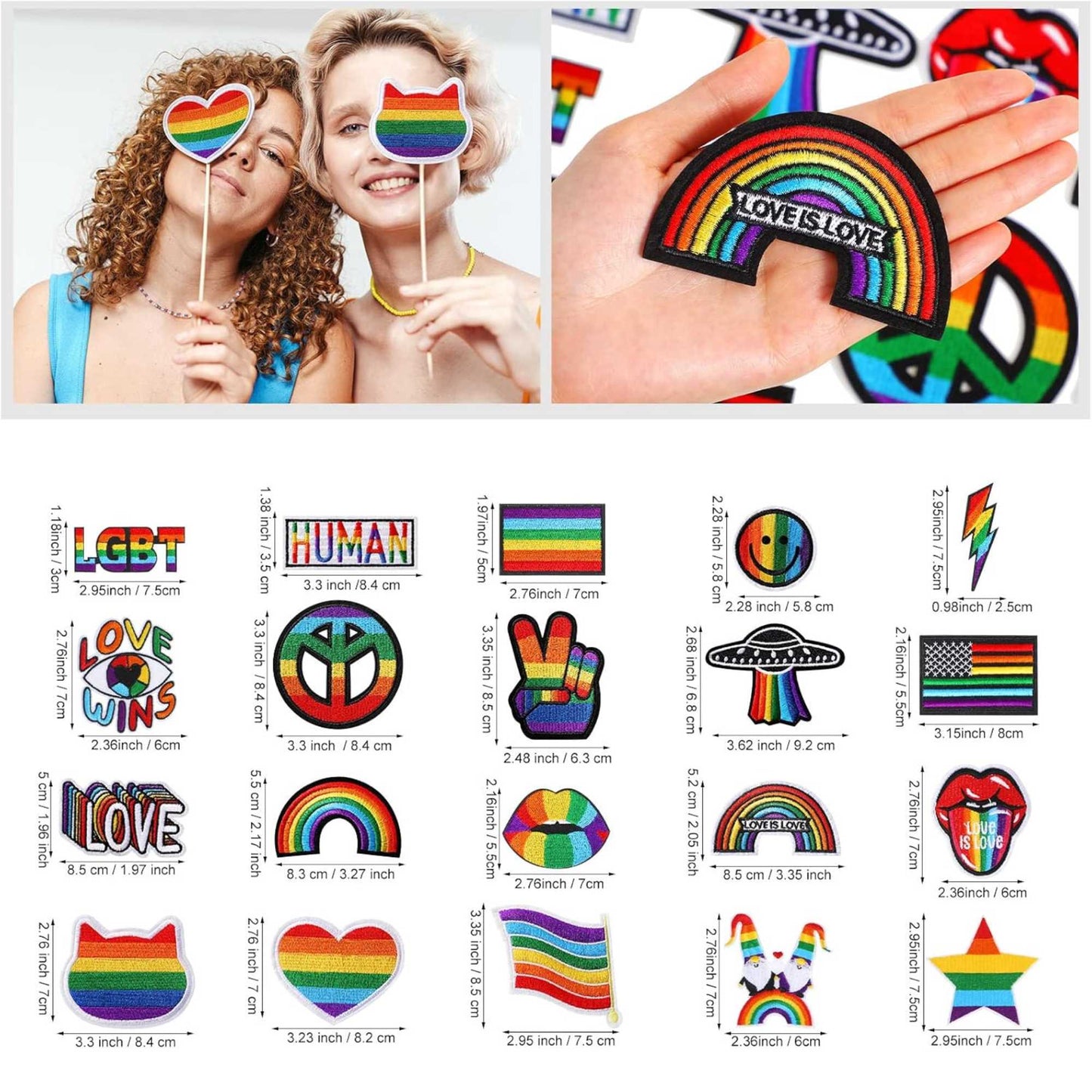 Collage of rainbow-themed items including stickers and patches with measurements.