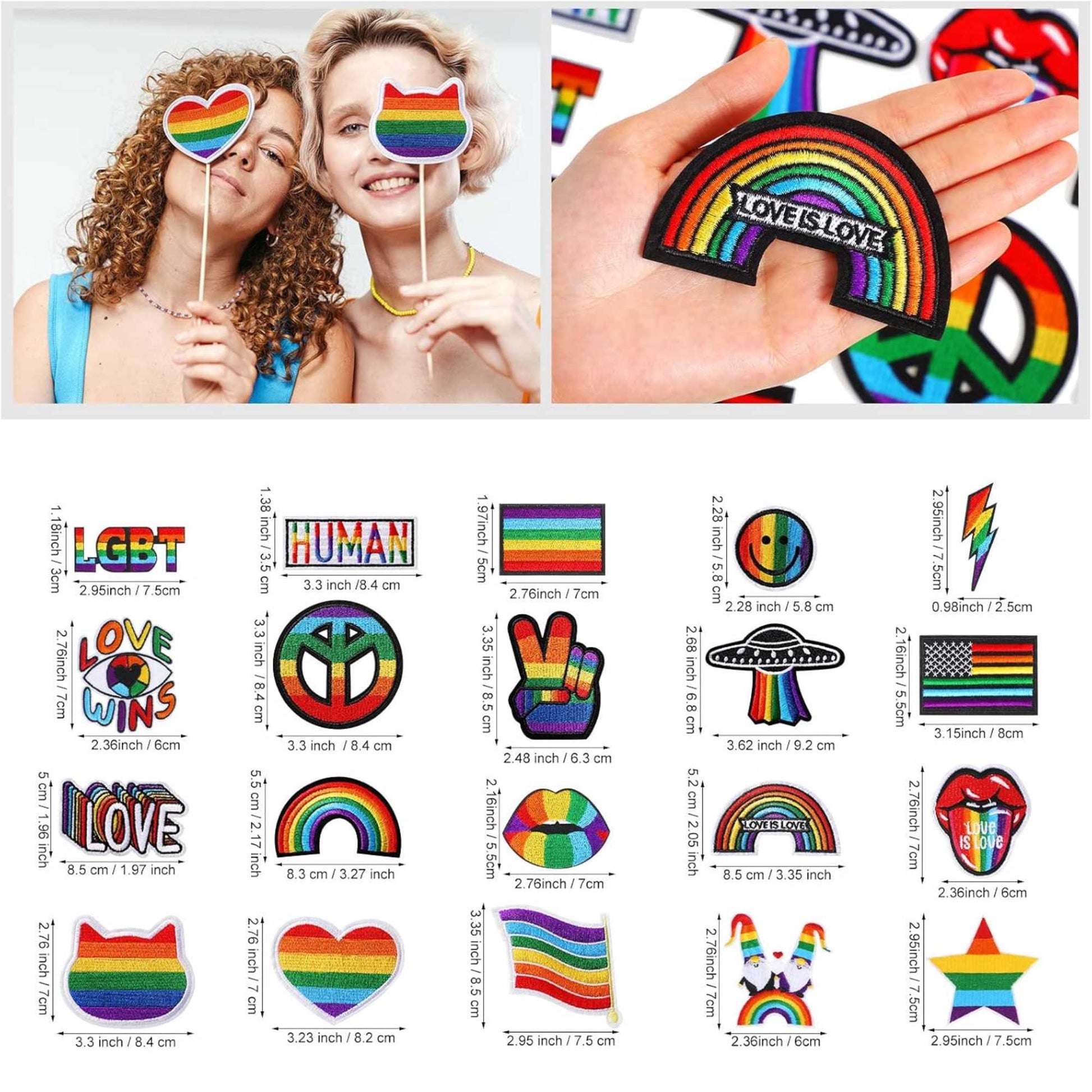 Collage of rainbow-themed items including stickers and patches with measurements.