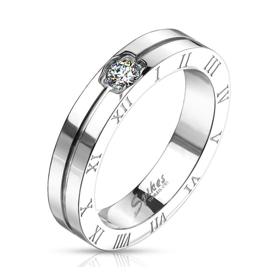 Grooved Center with Clear CZ Engraved Roman Numeral Side Band Ring 316L Stainless Steel