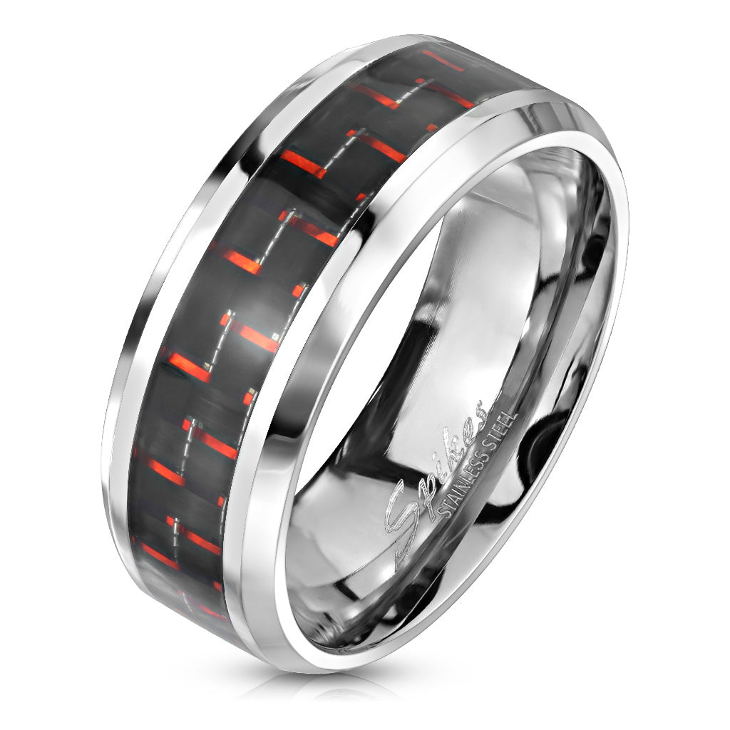 Black and Red Carbon Fiber Center Band Ring Stainless Steel