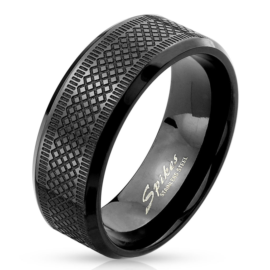 Diamond Grooved Black IP Stainless Steel Ring