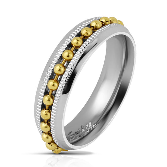 Gold Bead Chain Spinner Centered on Diacut Edge Channel Two Tone Stainless Steel Rings