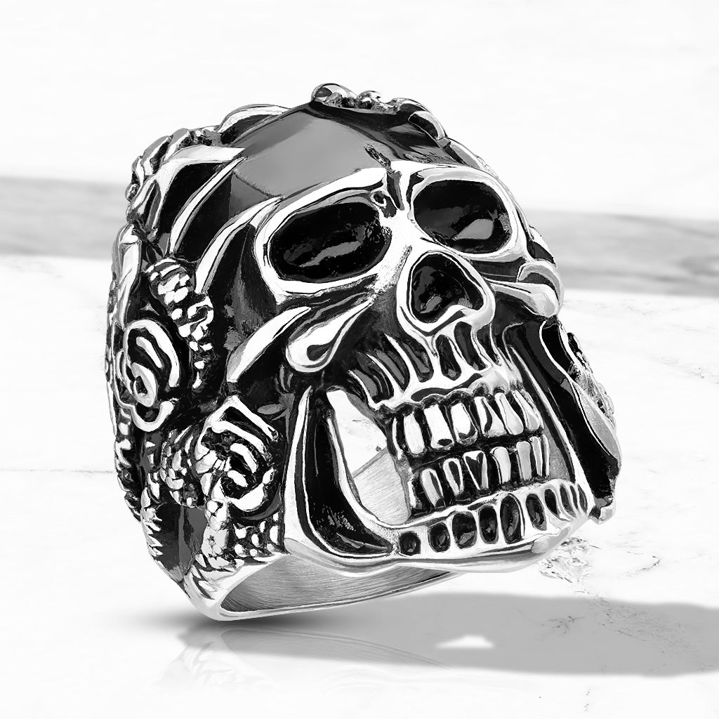 Rose Decorated Steel Claws Grasping Black Skull Stainless Steel Casting Rings