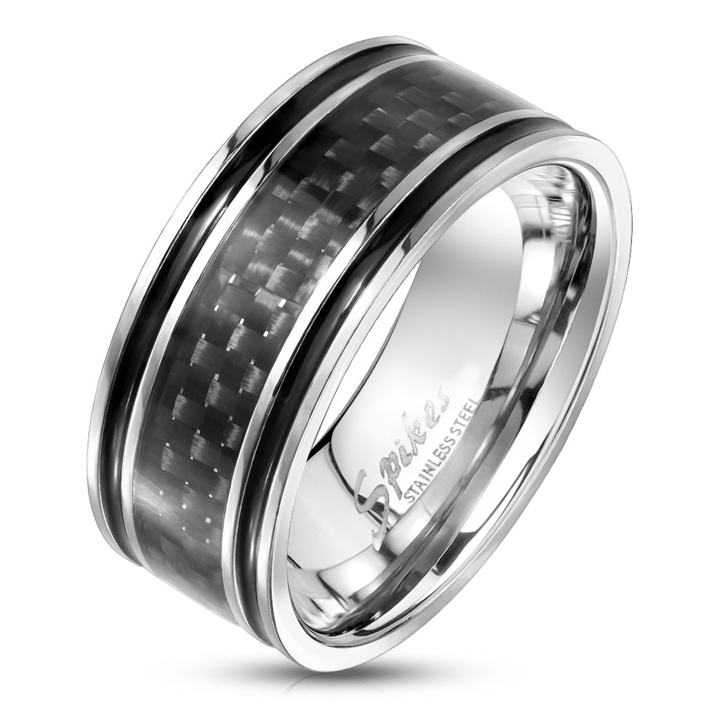 Black Carbon Fiber Inlaid Center with Black Lines Stainless Steel Ring