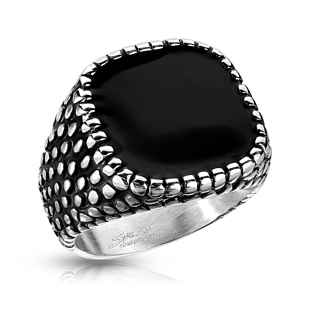 Flat Black Enamel Filled Square Dragon Skin Sides Stainless Steel Ring