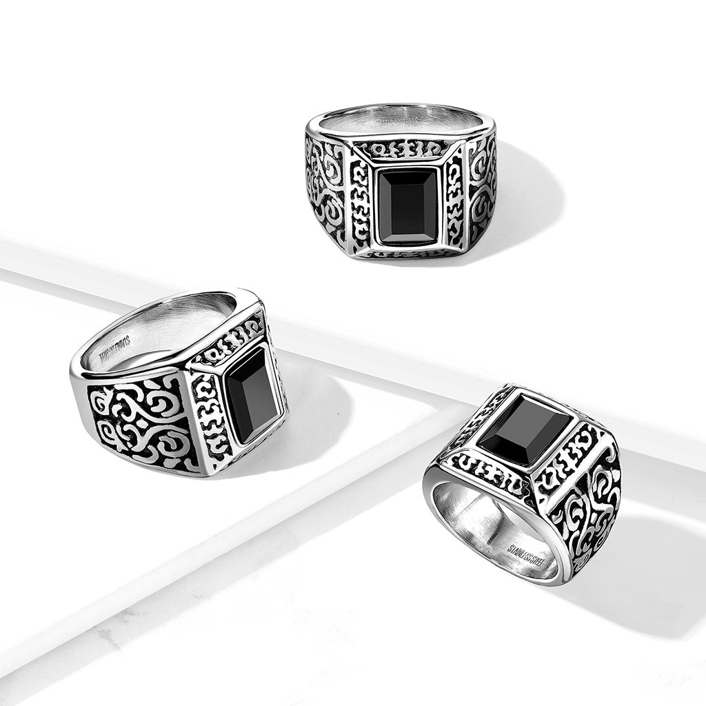 Faceted Rectangular Black Gem on a Vintage Filigree Stainless Steel Ring