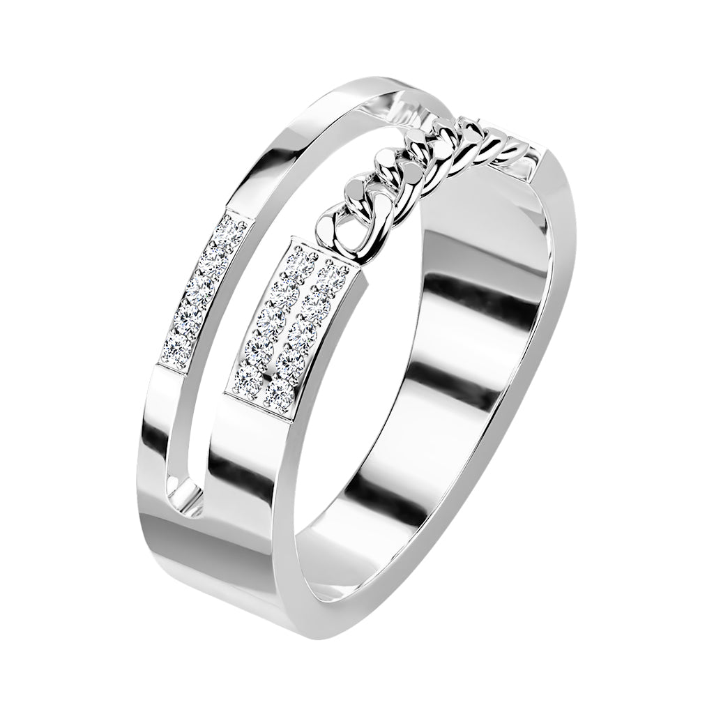 Pave CZ Double Line With Chain Stainless Steel Ring