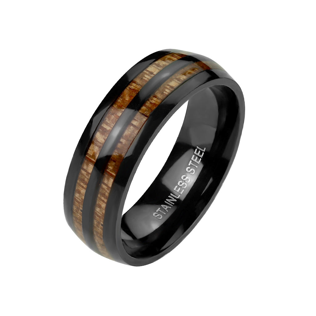Double Wood Inlay Center Black IP Stainless Steel Ring