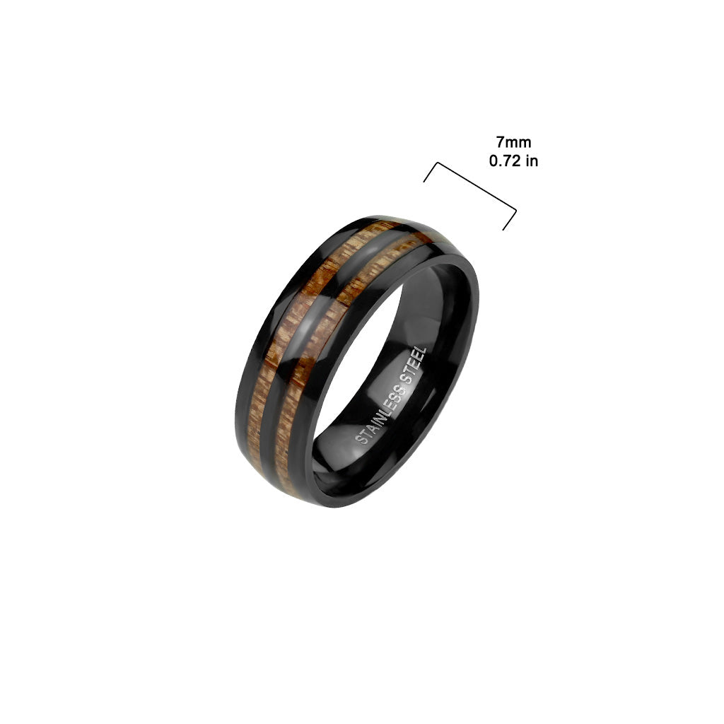 Double Wood Inlay Center Black IP Stainless Steel Ring