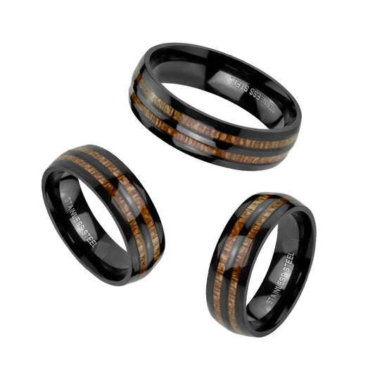 Double Wood Inlay Center Black IP Stainless Steel Ring