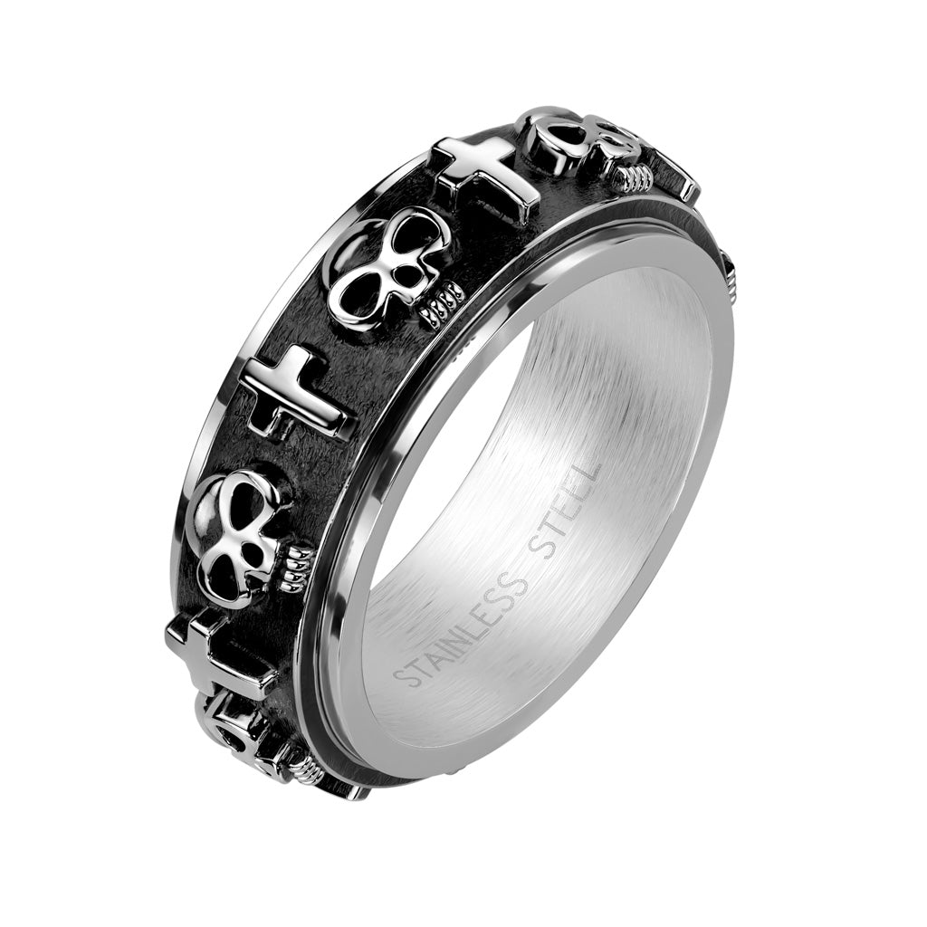 Skulls and Crosses on Black Spinner Center Stainless Steel Ring