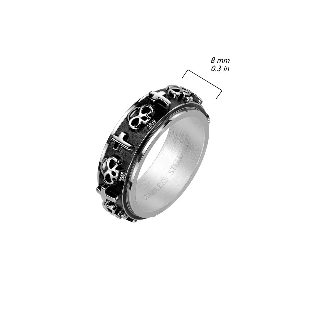Skulls and Crosses on Black Spinner Center Stainless Steel Ring