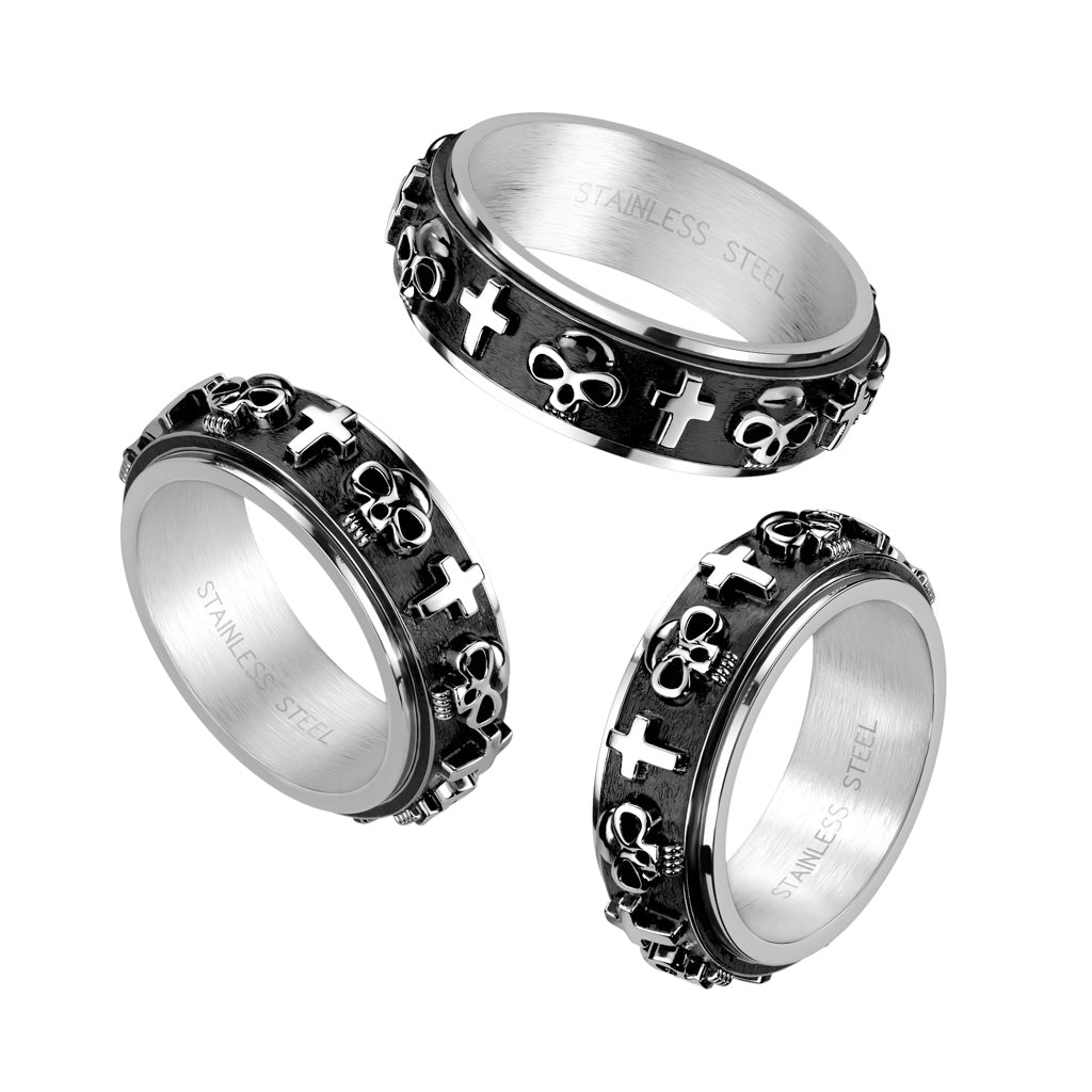 Skulls and Crosses on Black Spinner Center Stainless Steel Ring