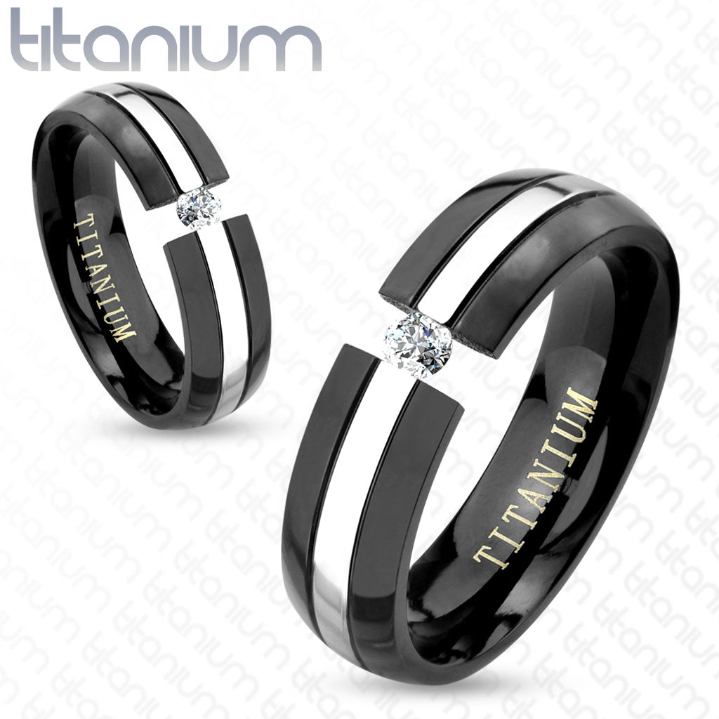 Tention Set CZ in Center Cut Two Tone Black IP Titanium Couple Ring