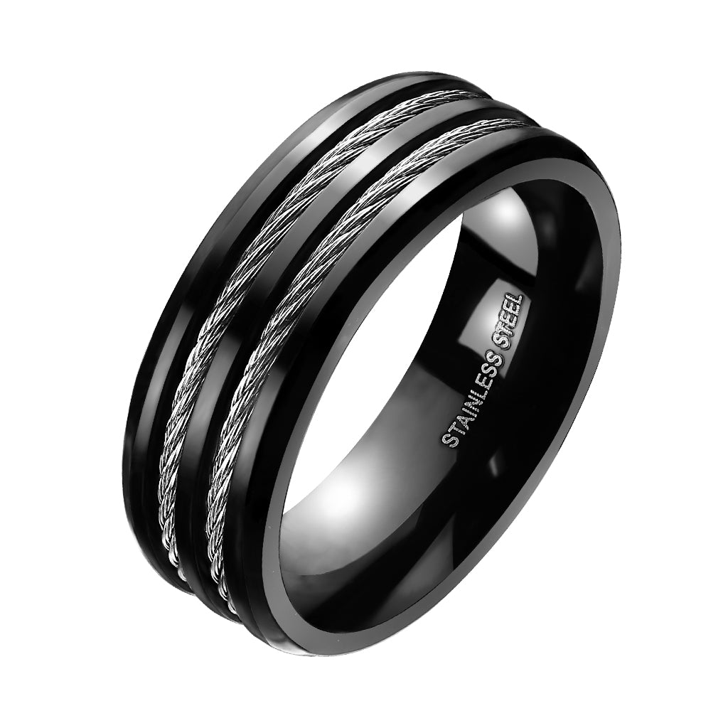 Double Cable Center Black IP Stainless Steel Ring