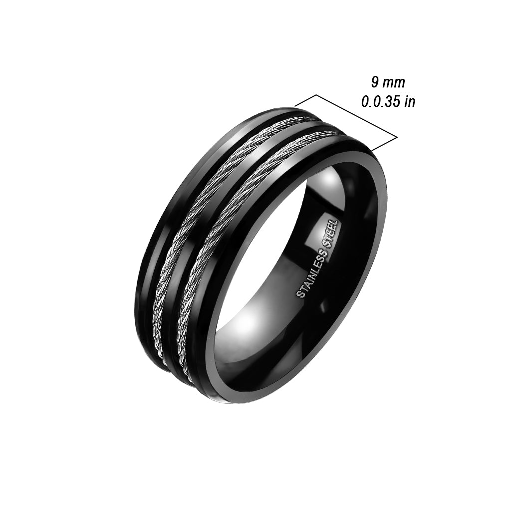 Double Cable Center Black IP Stainless Steel Ring