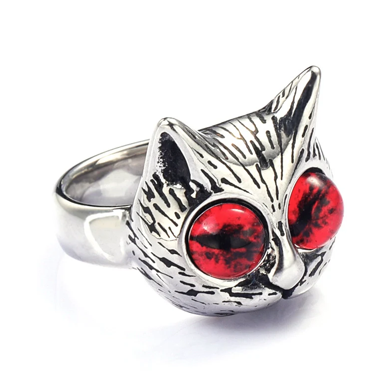 Cute Punk Cat 304 Stainless Steel Glass Men's Rings