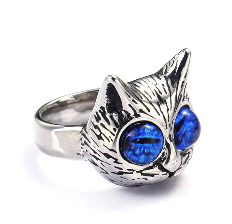 Cute Punk Cat 304 Stainless Steel Glass Men's Rings
