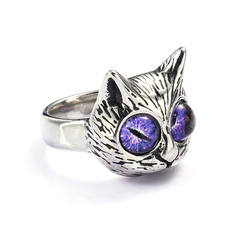 Cute Punk Cat 304 Stainless Steel Glass Men's Rings