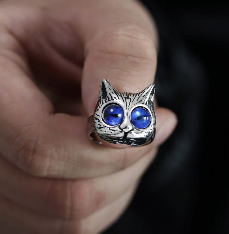 Cute Punk Cat 304 Stainless Steel Glass Men's Rings