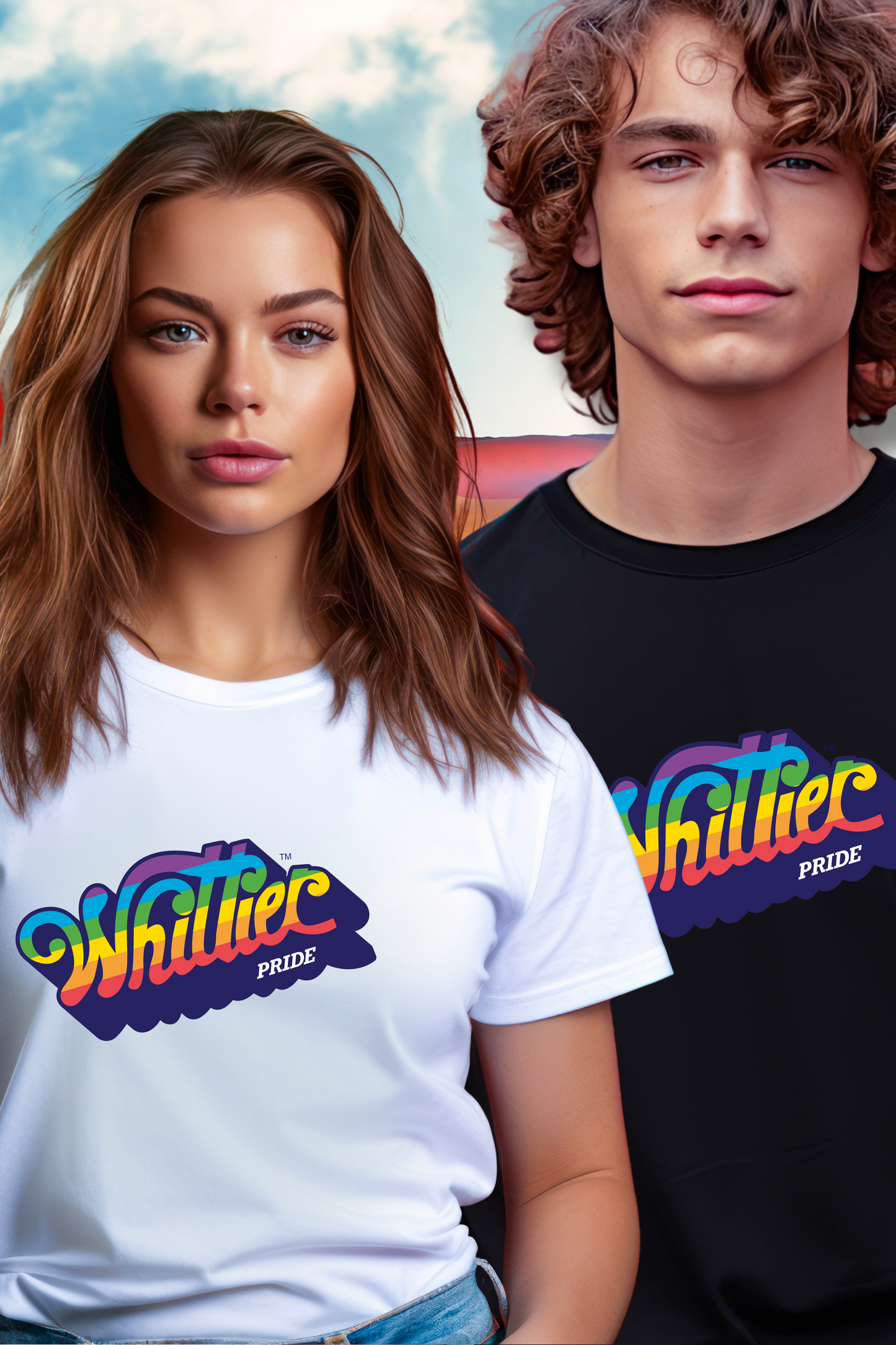 Two people wearing t-shirts with 'Whitfield Pride' design against a colorful background.