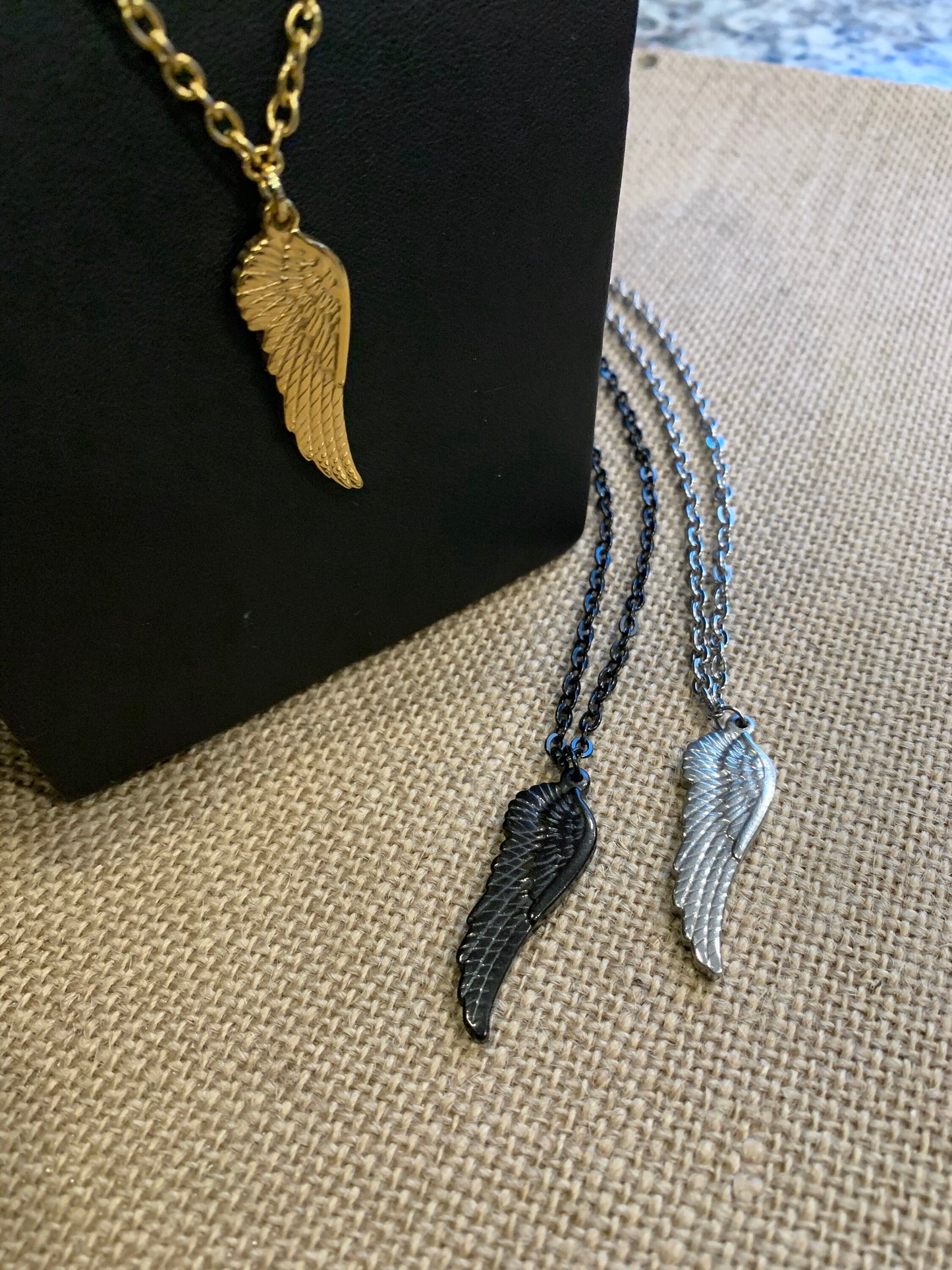 Stainless steel wing necklace, Black, Gold Plated, And Silver, Men’s, Women’s costume size chain.