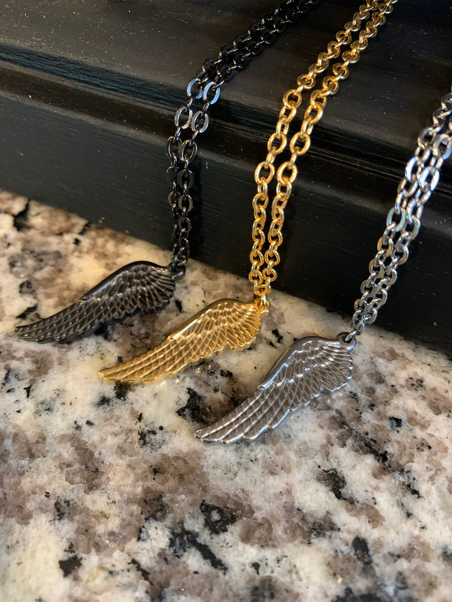 Stainless steel wing necklace, Black, Gold Plated, And Silver, Men’s, Women’s costume size chain.