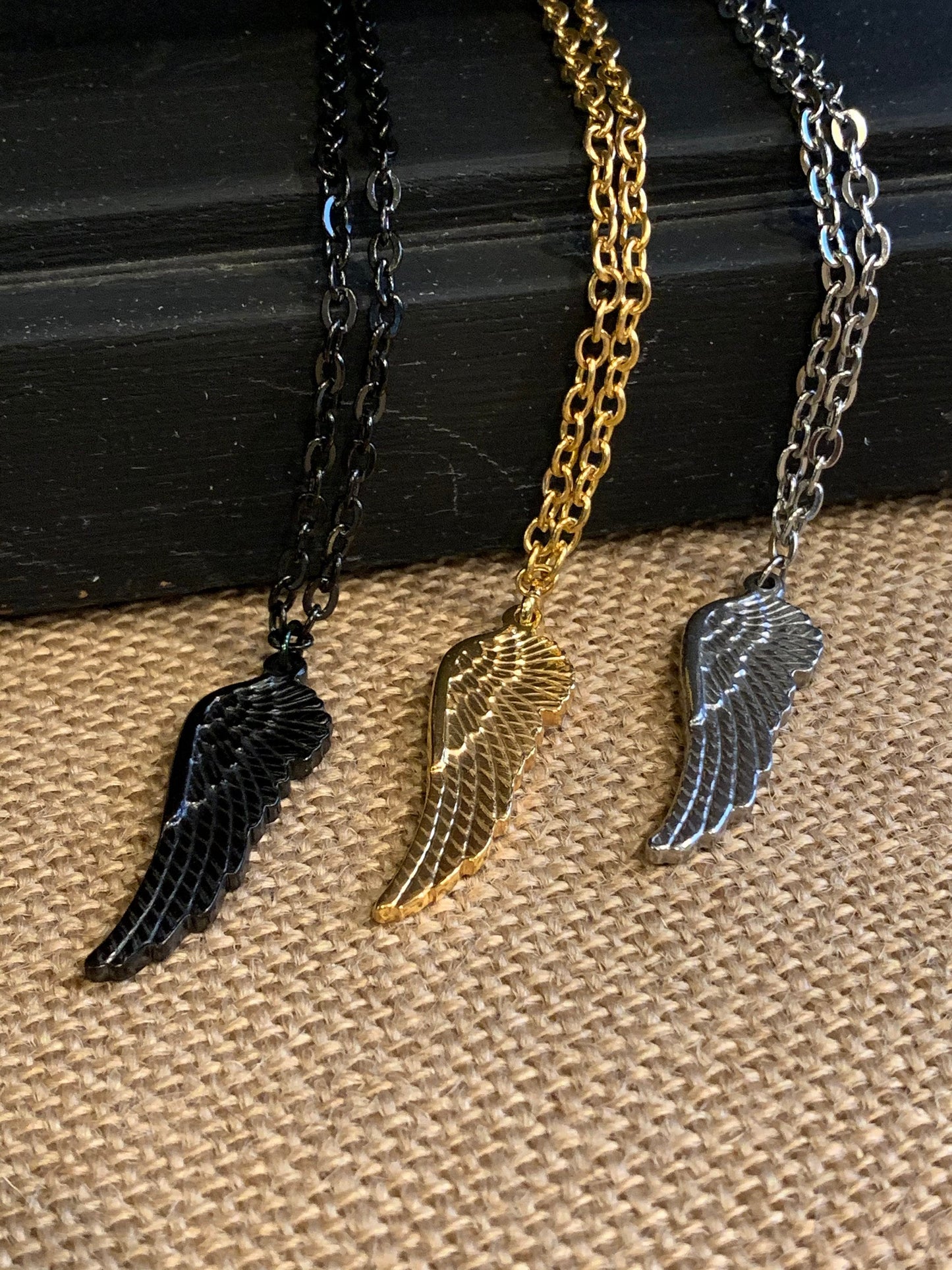 Stainless steel wing necklace, Black, Gold Plated, And Silver, Men’s, Women’s costume size chain.