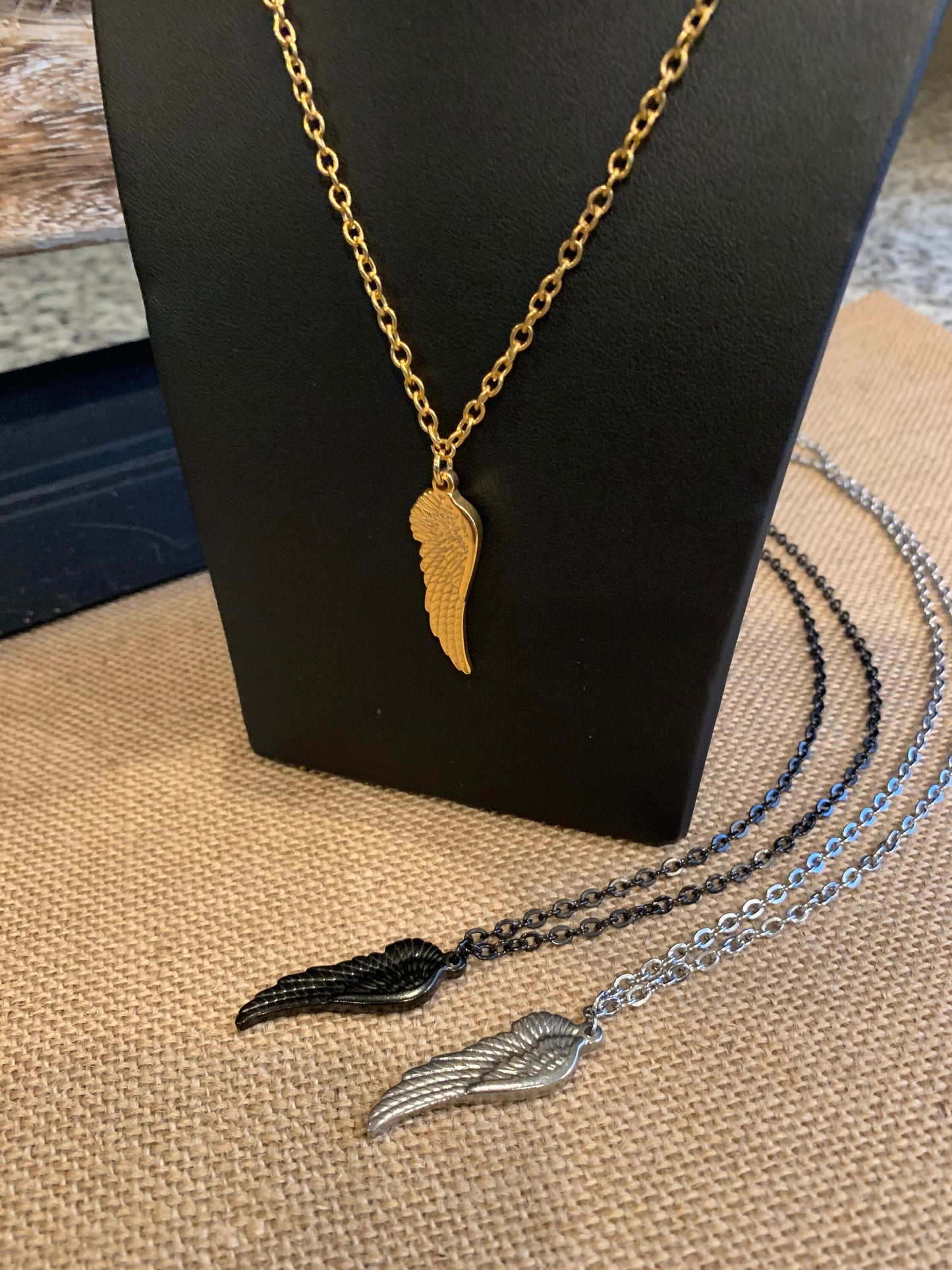 Stainless steel wing necklace, Black, Gold Plated, And Silver, Men’s, Women’s costume size chain.