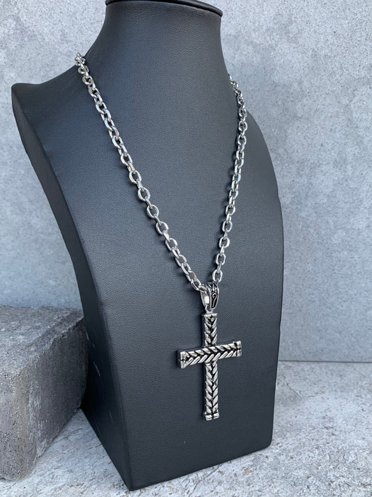 Pendant Curb Chain Cross Mens necklace - Stainless Steel with Tribal Pattern Clasp