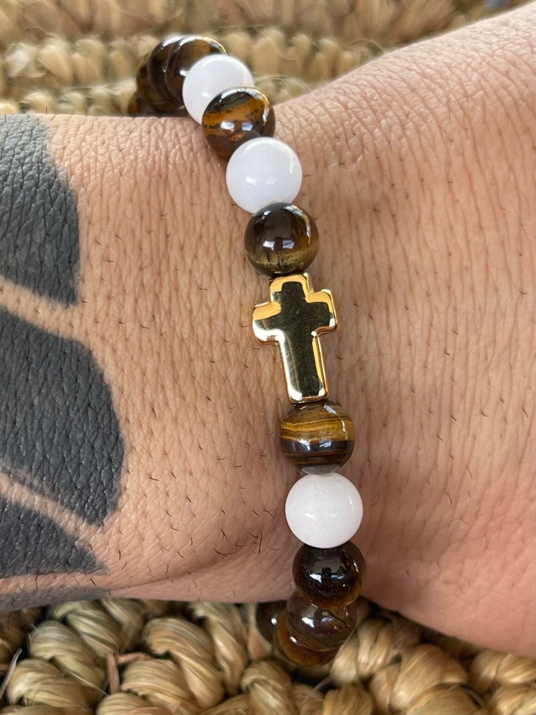 Natural Tiger Eye and White Malaysia Jade Beads with Stainless Steel Gold Cross - Stretchy Bracelet - Round Beads Natural Stone Bracelet