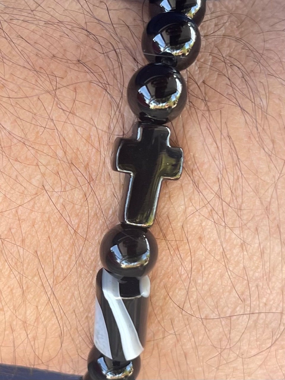 Handmade Natural Black Onyx Bracelet - Stainless Steel Black Cross - Agate Column Sandy Brown - Natural Gemstone Beads Bracelet