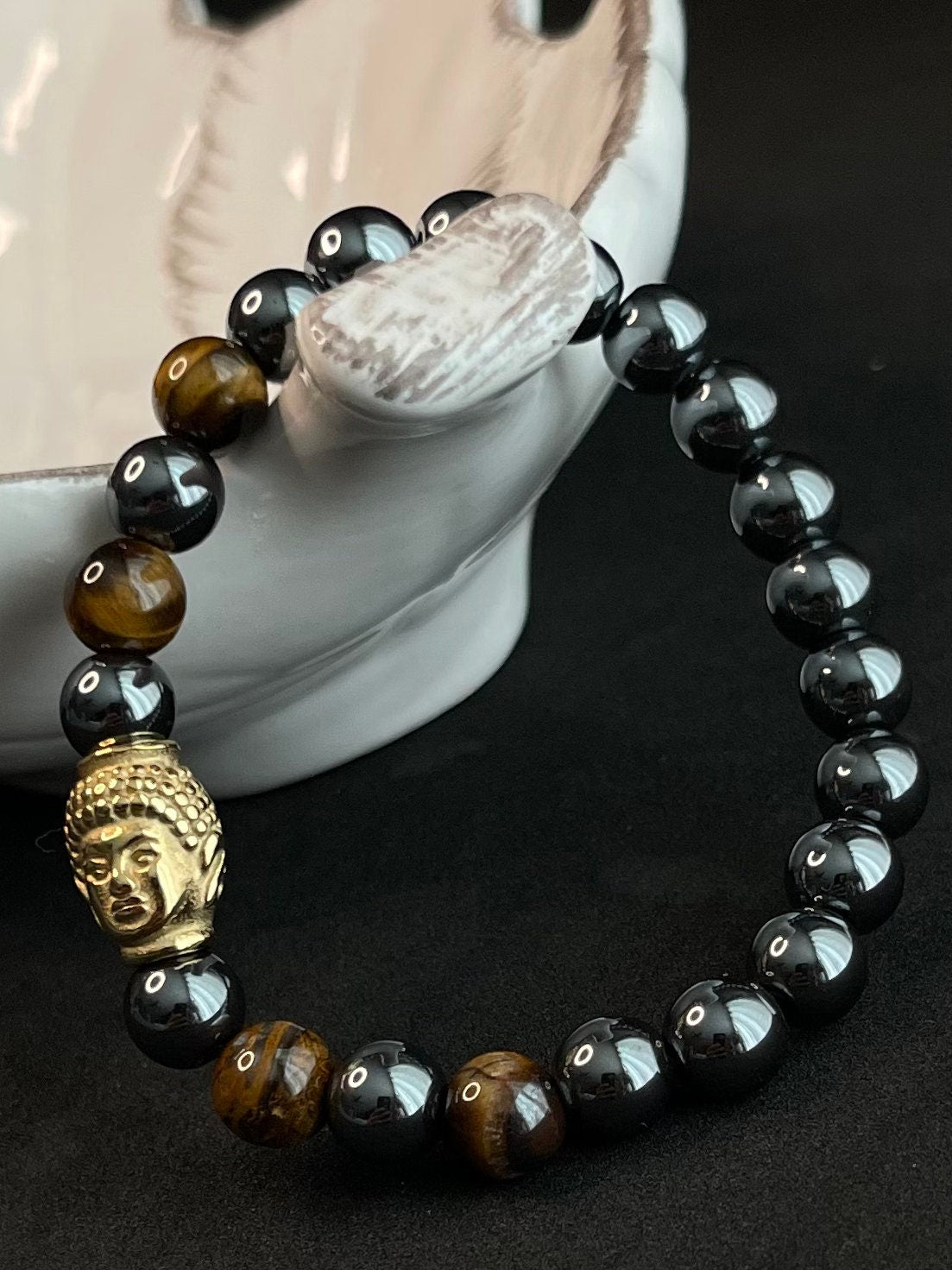 Unisex Buddha head, Tiger Eye - Hematite beats 8mm perfect gift for men and women
