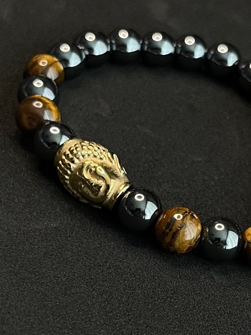 Unisex Buddha head, Tiger Eye - Hematite beats 8mm perfect gift for men and women
