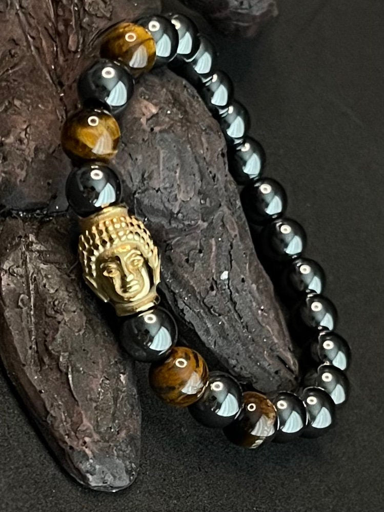Unisex Buddha head, Tiger Eye - Hematite beats 8mm perfect gift for men and women