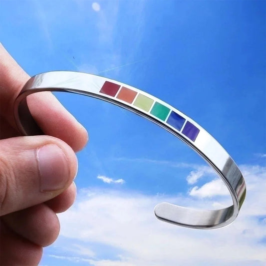 Minimalist Rainbow Stainless Steel Cuff Bracelet – Unisex Pride Jewelry