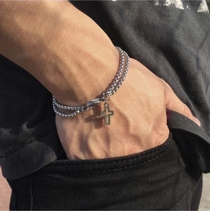 Double Layer Stainless Steel Chain Bracelet for Men Women Hollow Cross Pendant Vintage Hip Hop Style Titanium Steel