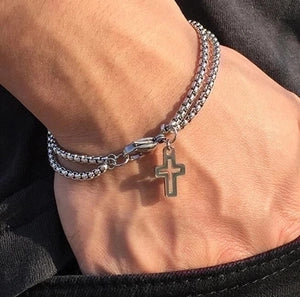 Double Layer Stainless Steel Chain Bracelet for Men Women Hollow Cross Pendant Vintage Hip Hop Style Titanium Steel