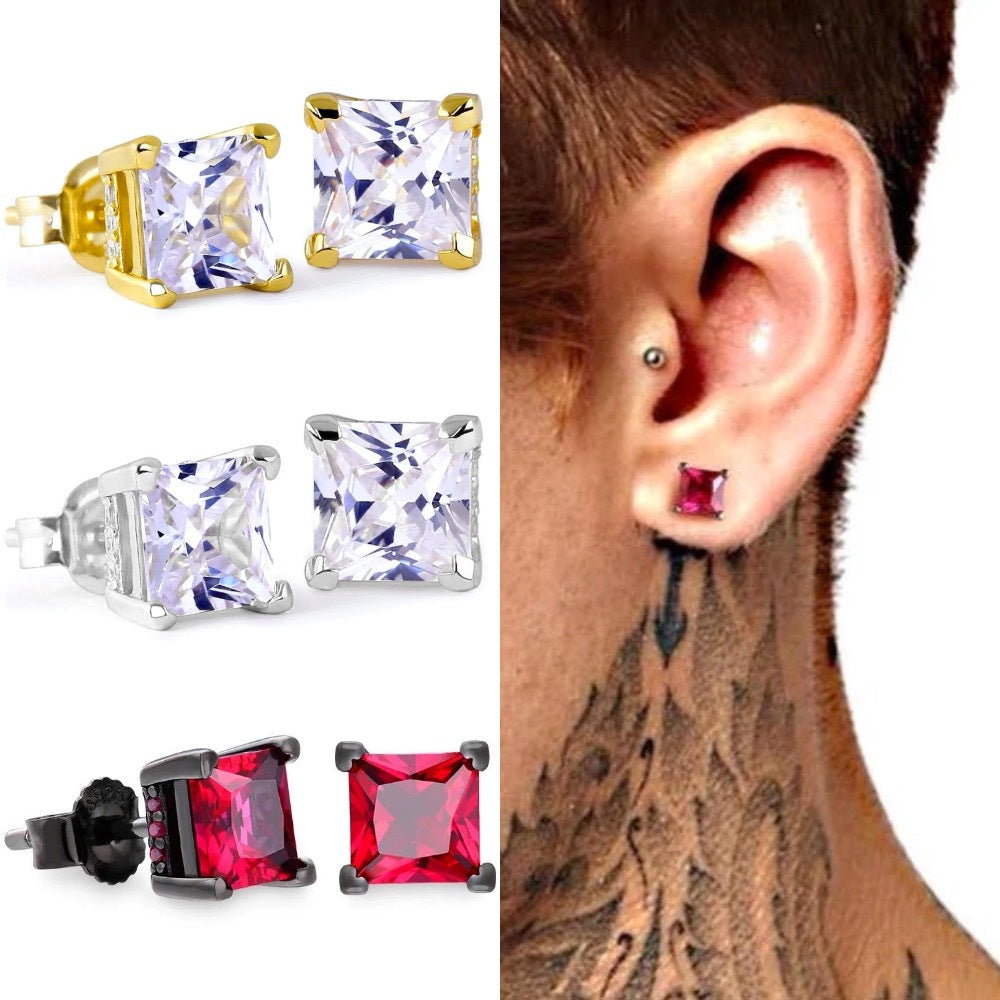 Collage of gold, silver, and black square stud earrings with gemstones, shown on an ear.