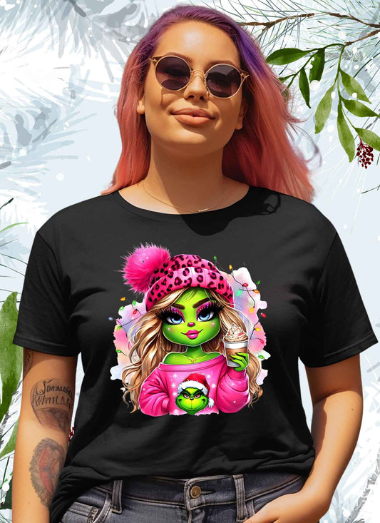 Christmas Green Lady with Monster T-shirt Casual Cotton Top Summer