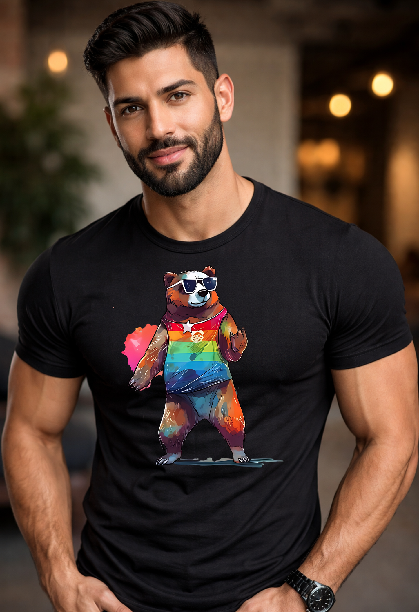 Man wearing a black t-shirt with a colorful bear graphic, standing indoors.