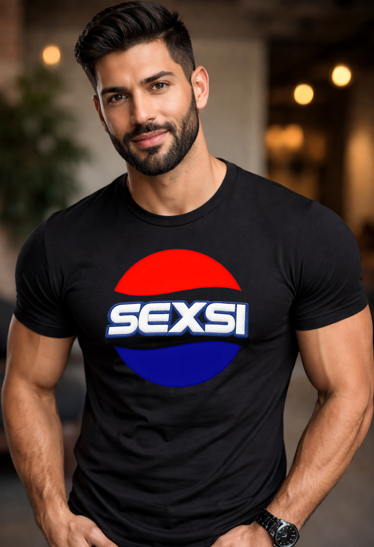 Man wearing a black t-shirt with a colorful logo and text
