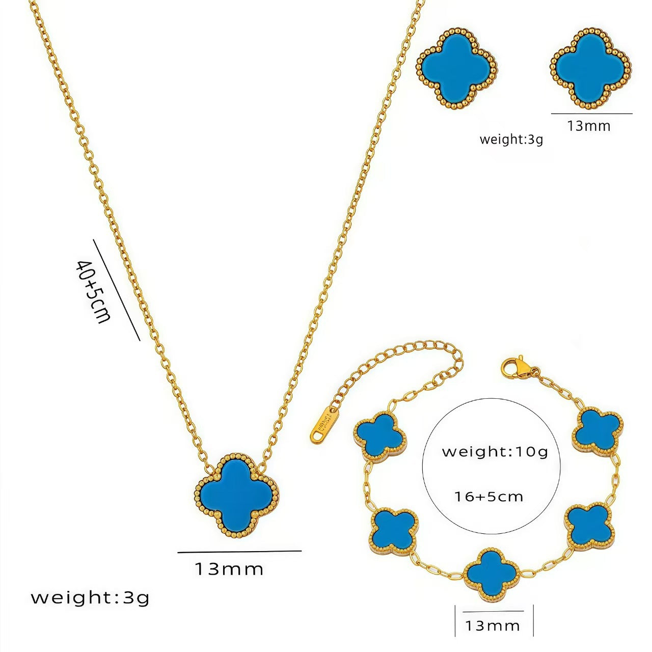Jewelry set with blue clover-shaped pendants including necklace, bracelet, and earrings on a white background.