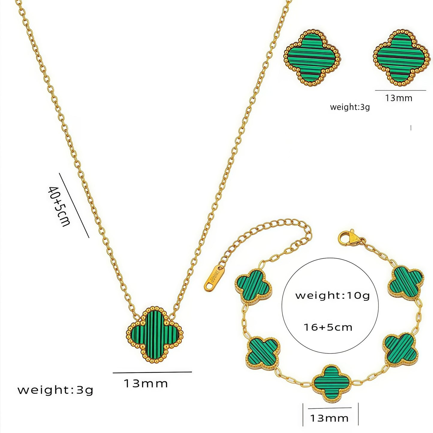 Jewelry set with green clover-shaped pendants including necklace, bracelet, and earrings on a white background.