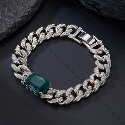 Hip Hop Iced Out Cuban Link Bracelet With Emerald Cut Green Zirconia